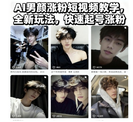 AI男颜涨粉短视频教学，全新玩法，快速起号涨粉-最全资源库