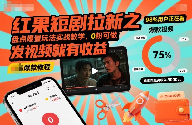 红果短剧拉新之盘点爆量玩法实战教学,0粉可做,发视频就有收益-最全资源库