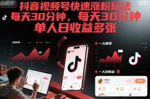 抖音视频号快速涨粉玩法，每天30分钟，单人日收益多张-最全资源库