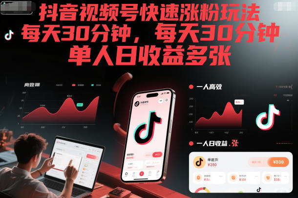 抖音视频号快速涨粉玩法，每天30分钟，单人日收益多张-最全资源库