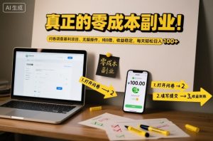 真正的零成本副业！问卷调查暴利项目，无脑操作，纯0撸，收益稳定，每天轻松日入100+【揭秘】-最全资源库