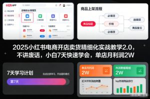 2025小红书电商开店卖货精细化实战教学2.0，不讲废话，小白7天快速学会，单店月利润2W-最全资源库