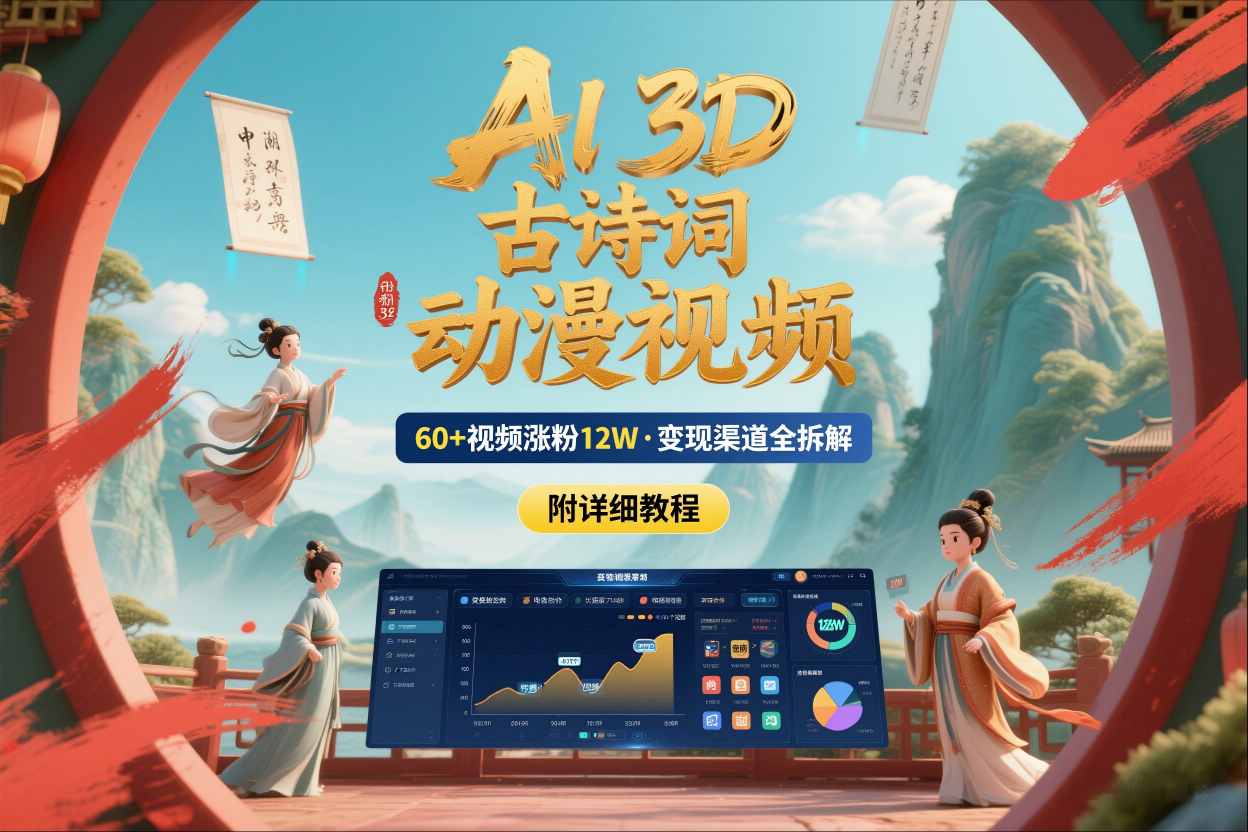 AI制作3D古诗词动漫视频，60多个视频涨粉12W，多个变现渠道拆解【附详细教程】-最全资源库