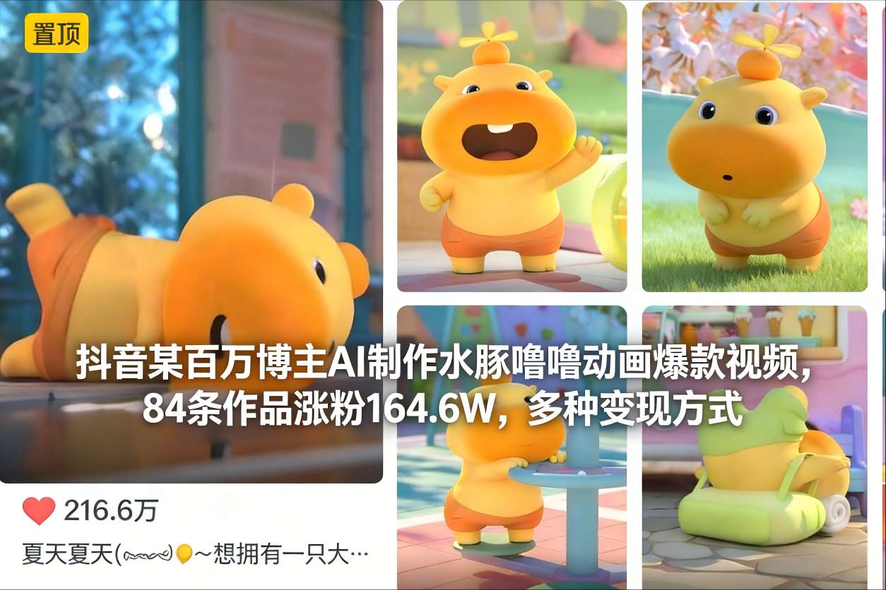 抖音某百万博主AI制作水豚噜噜动画爆款视频，84条作品涨粉164.6W，多种变现方式-最全资源库