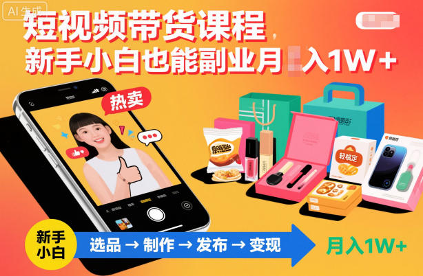 短视频带货课程，新手小白也能副业月入1W＋，轻松搞定-最全资源库