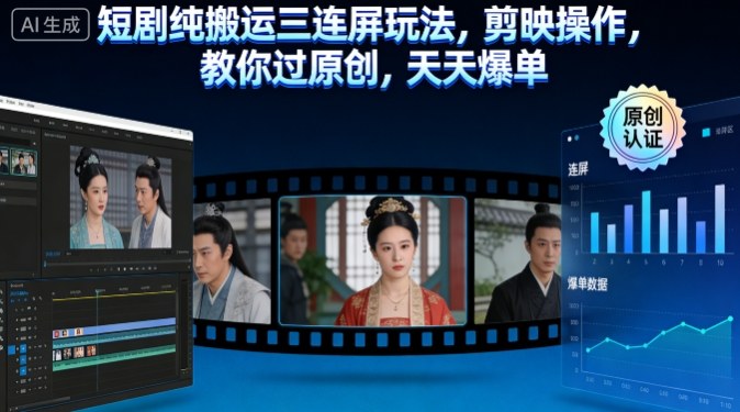 短剧纯搬运三连屏玩法，剪映操作，教你过原创，天天爆单-最全资源库