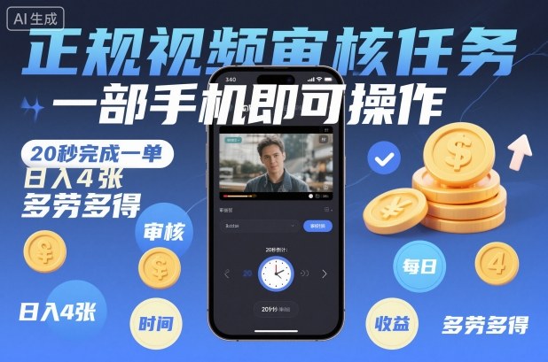 正规视频审核任务，一部手机即可操作，20秒完成一单，日入4张，多劳多得【揭秘】-最全资源库