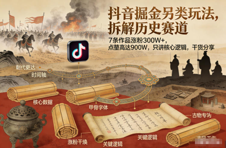 抖音掘金另类玩法，拆解历史赛道，7条作品涨粉300W+，点赞量高达900W，只讲核心逻辑，干货分享-最全资源库