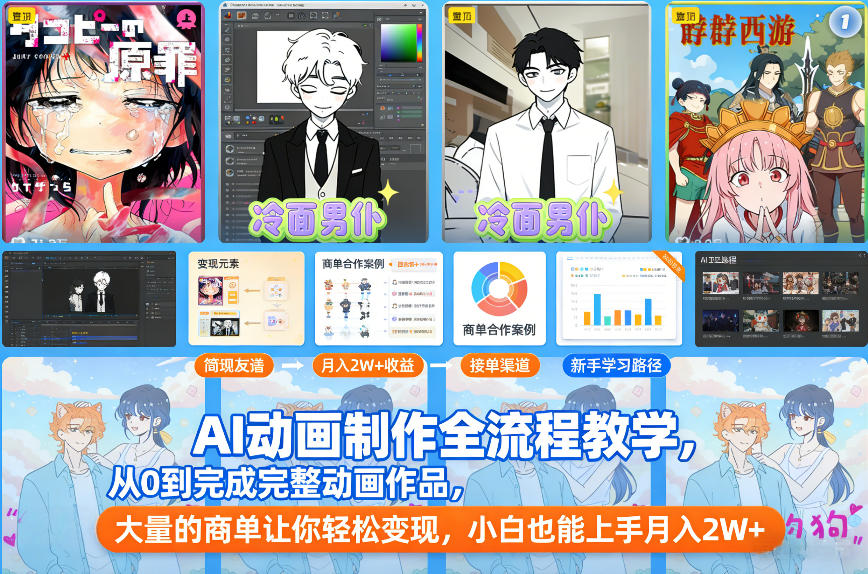 AI动画制作全流程教学，从0到完成完整动画作品，大量的商单让你轻松变现，小白也能上手月入2W+-最全资源库