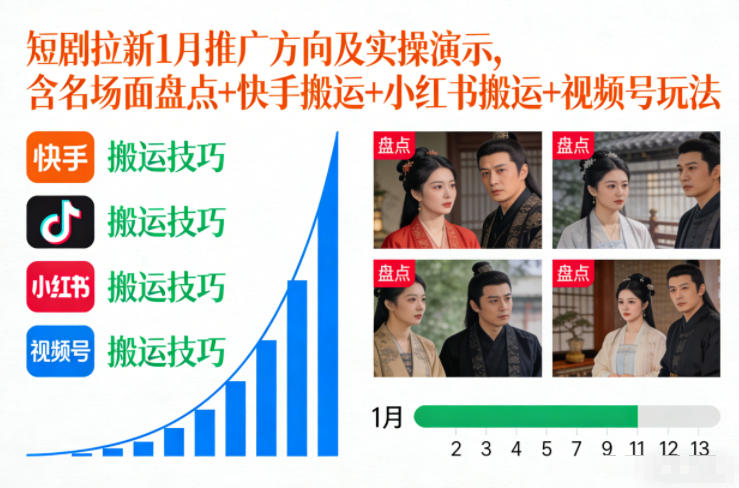 短剧拉新1月推广方向及实操演示，含名场面盘点+快手搬运+小红书搬运+视频号玩法-最全资源库
