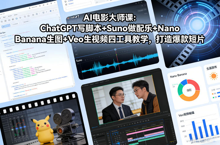 AI电影大师课：ChatGPT写脚本+Suno做配乐+Nano Banana生图+Veo生视频，打造爆款短片-最全资源库