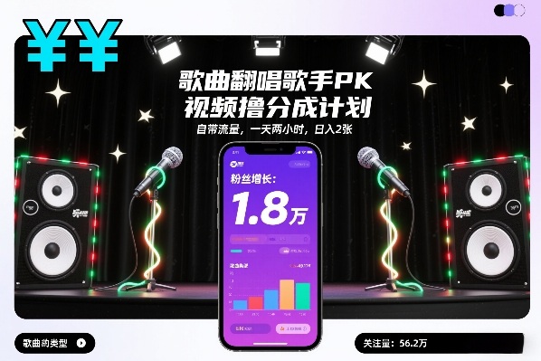 歌曲翻唱歌手PK视频撸分成计划，自带流量，一天两小时，日入2张-最全资源库