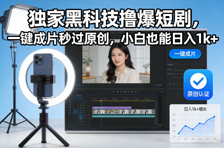 独家黑科技撸爆短剧，一键成片秒过原创，小白也能日入1k+【揭秘】-最全资源库