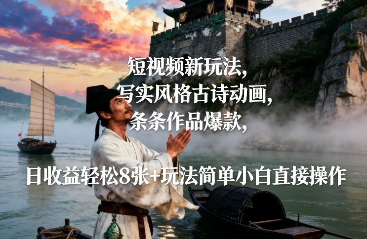 短视频新玩法，写实风格古诗动画，条条作品爆款，日收益轻松8张+玩法简单小白直接操作-最全资源库