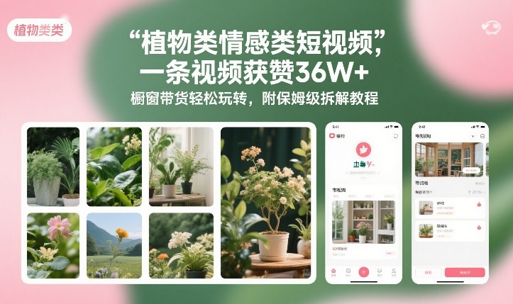 植物类情感类短视频，一条视频获赞36W+，橱窗带货轻松玩转，附保姆级拆解教程-最全资源库