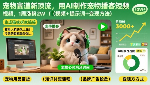 宠物赛道新顶流，用AI制作宠物播客短视频，1周涨粉2W（视频+提示词+变现方法）-最全资源库