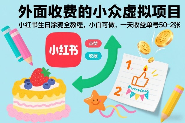 外面收费的小众虚拟项目，小红书生日涂鸦全教程，小白可做，一天收益单号50-2张-最全资源库
