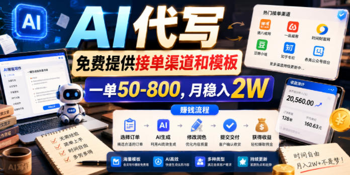 AI代写，免费提供接单渠道和模板，一单50-800，月稳入2W【揭秘】-最全资源库