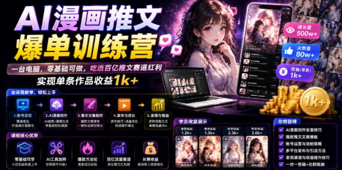 AI漫画推文爆单训练营，一台电脑，零基础可做，吃透百亿推文赛道红利，实现单条作品收益1k+-最全资源库